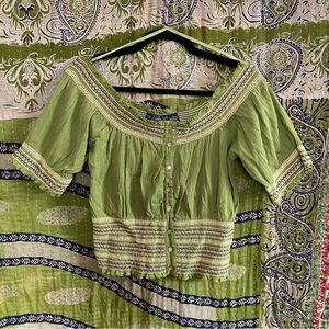Vintage Y2K Magazine Green Cropped Off-the-Shoulder Baddie Hippie Top Size Large